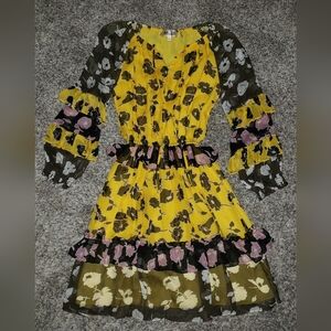 Diane Von Furstenberg| Boho Yellow and Black Floral Patterned Midi Dress